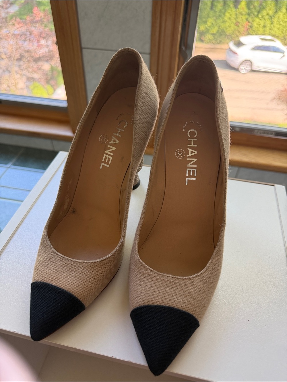 CHANEL Beige Pumps with Black Cap Toe